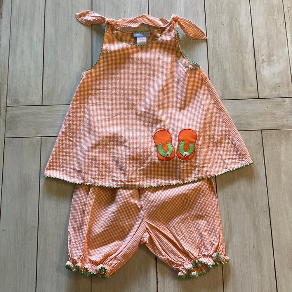 Monday’s Child Orange White Green Gingham Flip Flops Gingham Top & Bloomers Set